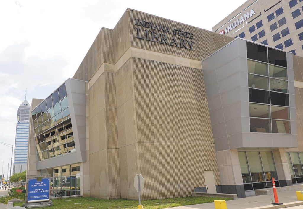 Exterior of the Indiana State Library, an angular stone sided building