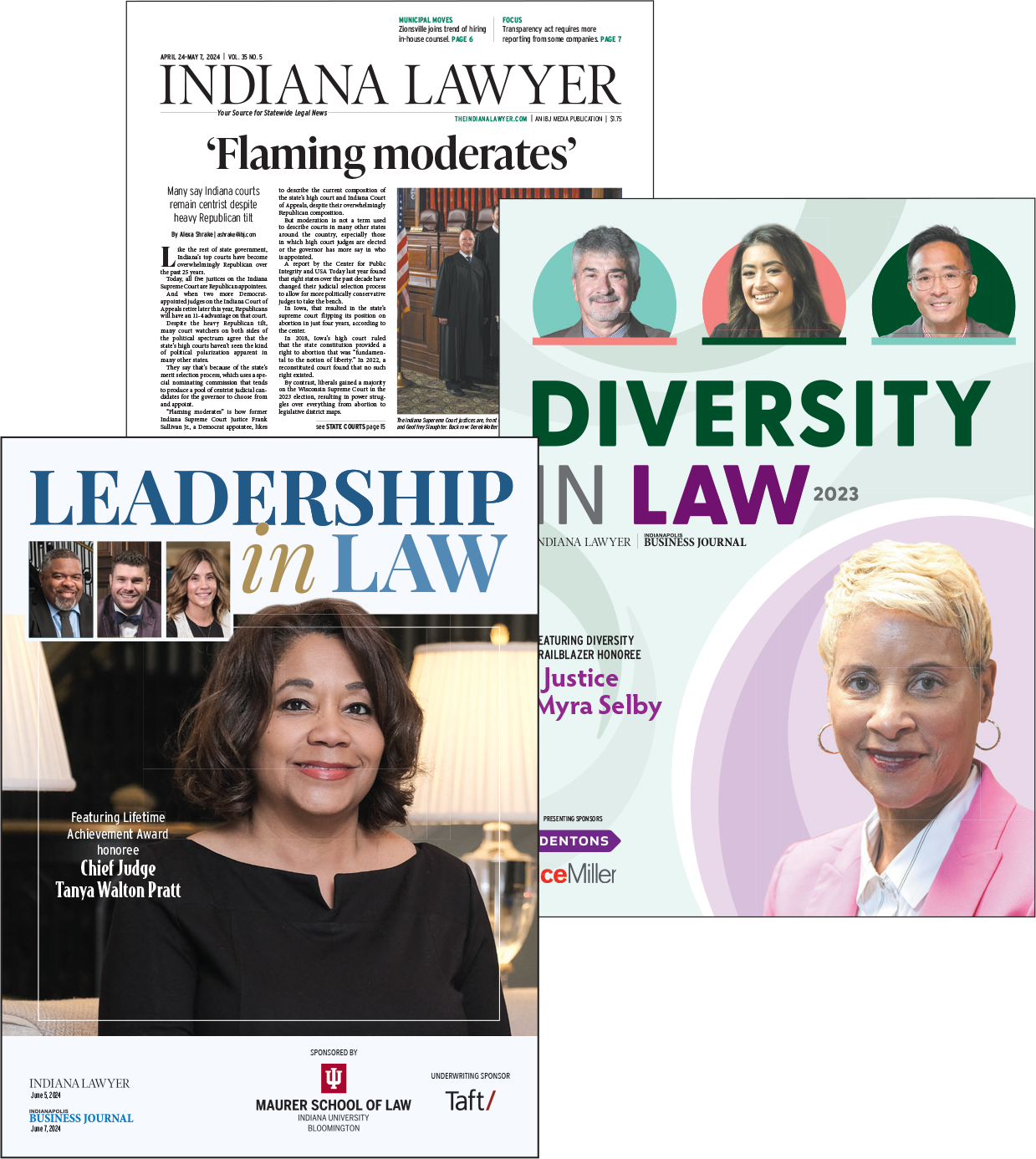 Covers of Indiana Lawyer print publications, an issue of Indiana Lawyer, the 2024 edition of Leadership in Law and the Diversity in Law awards supplement