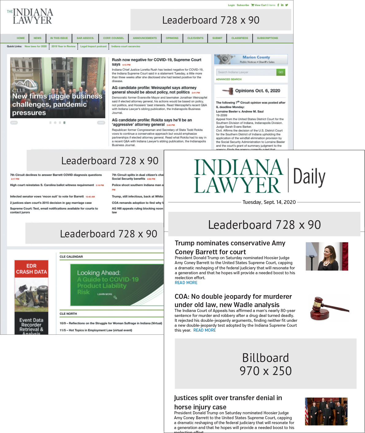 Renderings of the indianalawyer.com homepage and an Indiana Lawyer Daily email newsletter with ad spots and their sizes indicated